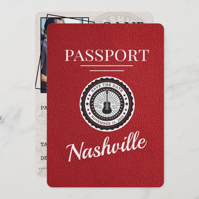 Red Nashville Passport Save The Date (Front/Back)