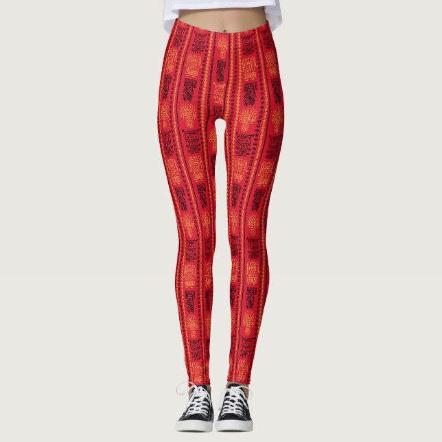 Red Native Pattern Ethnic Tribe Boho Culture Leggings (Front)