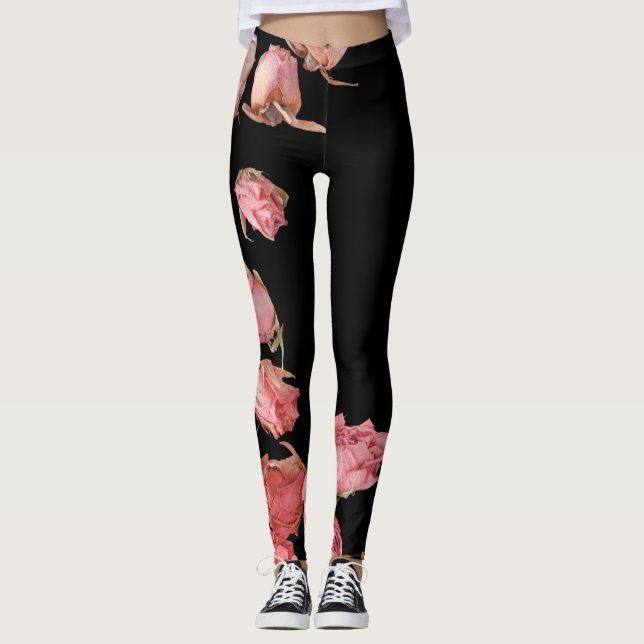 Red natural roses on transparent background leggings (Front)