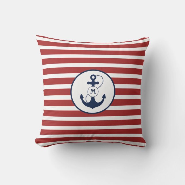 Red Nautical Anchor Monogram Cushion (Front)