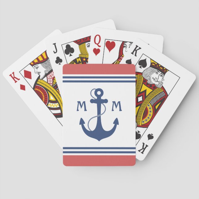 Red Nautical Anchor Monogram Playing Cards (Back)