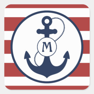 Red Nautical Anchor Monogram Square Sticker