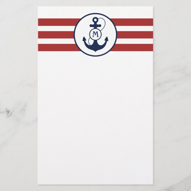 Red Nautical Anchor Monogram Stationery (Front)