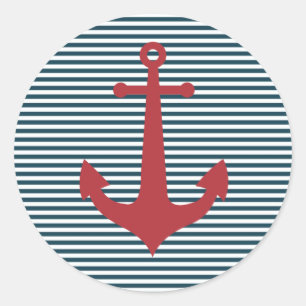 Red nautical anchor on striped blue background classic round sticker