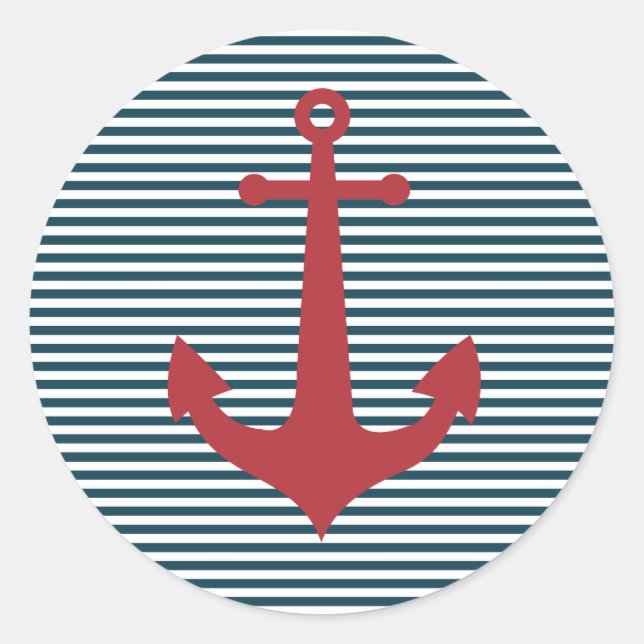 Red nautical anchor on striped blue background classic round sticker (Front)