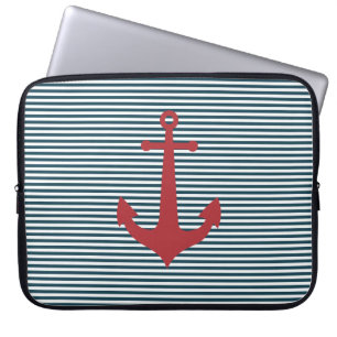 Red nautical anchor on striped blue background laptop sleeve