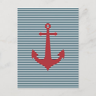 Red nautical anchor on striped blue background postcard
