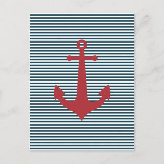 Red nautical anchor on striped blue background postcard