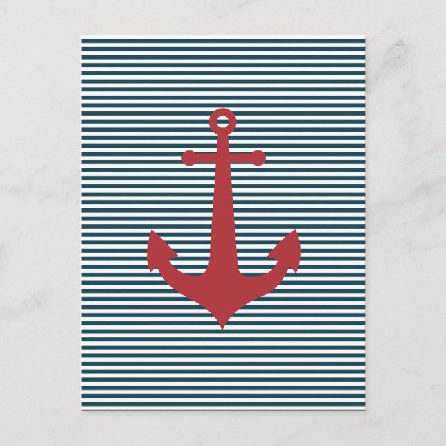 Red nautical anchor on striped blue background postcard (Front)