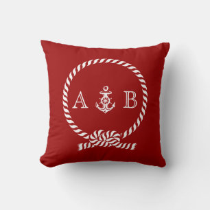 Red Nautical Rope and Anchor Monogram Cushion