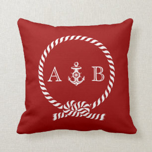 Red Nautical Rope and Anchor Monogram Cushion