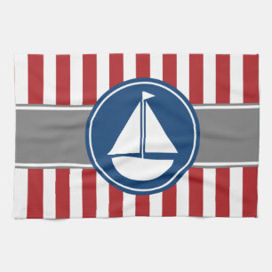 Red Nautical Sailboat Stripes Tea Towel