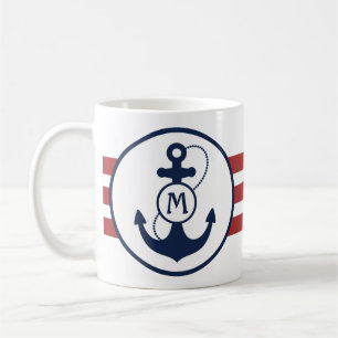 Red Nautical Stripes with Anchor and Monogram Coffee Mug