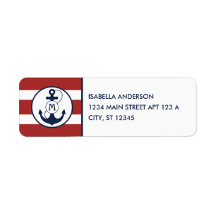 Red Nautical Stripes with Anchor Monogram Return Address Label