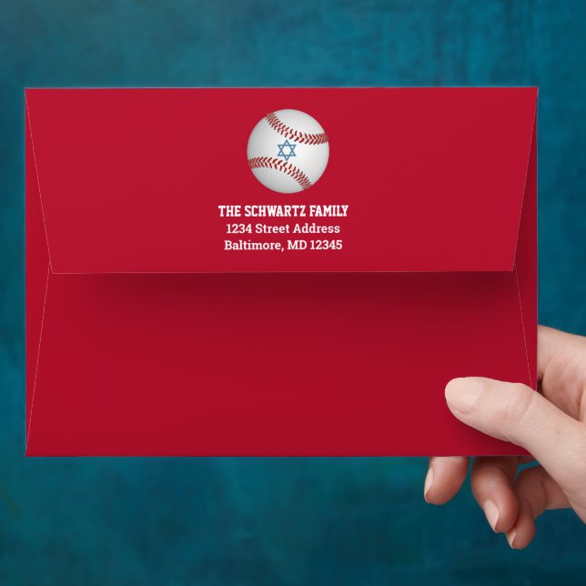 Red, Navy Baseball, Star of David Bar Mitzvah Envelope (Hand)