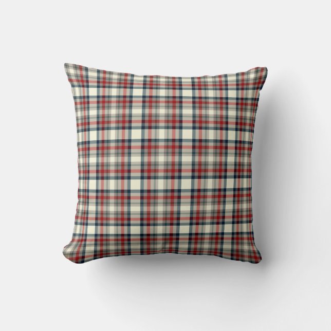 Red, Navy Blue and Grey Plaid Pattern Cushion (Front)