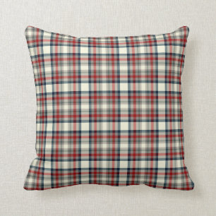 Red, Navy Blue and Grey Plaid Pattern Cushion