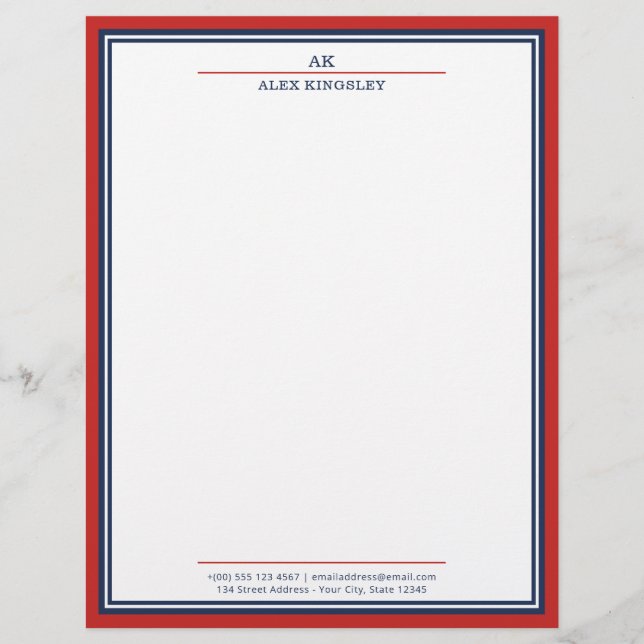 Red Navy Blue Border Monogram Name Address Custom Letterhead (Front)