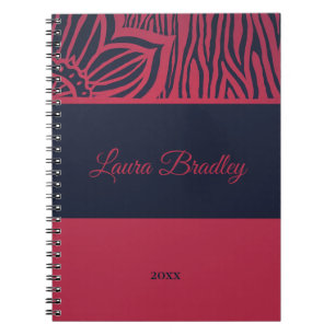 Red & Navy Blue Floral Zebra Linocut Name & Year Notebook