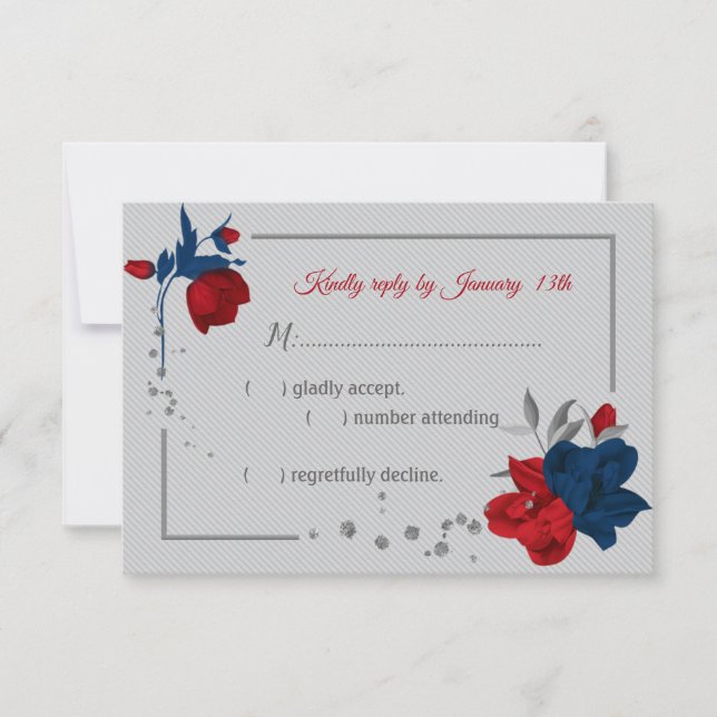 red & navy blue flowers botanical grey RSVP card (Front)