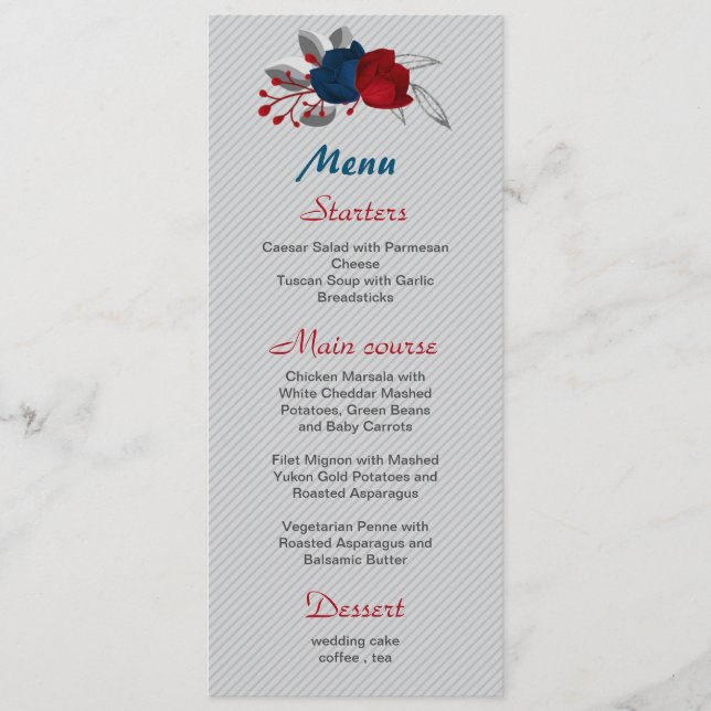 red & navy blue flowers botanical wedding menu (Front)