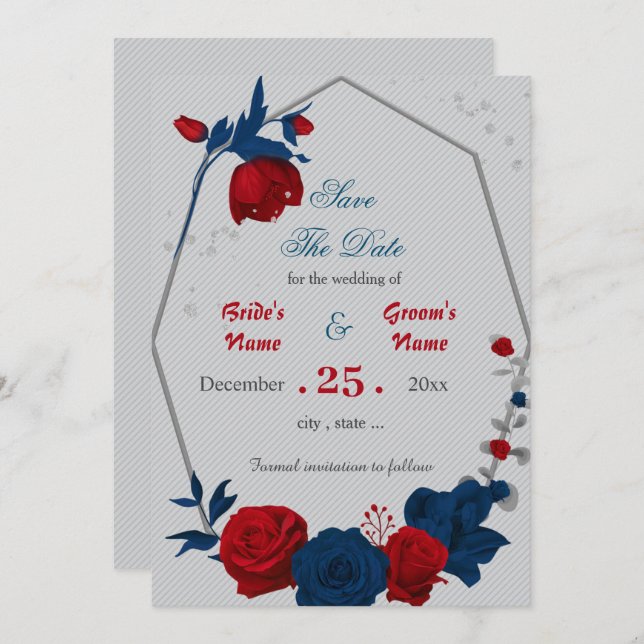 red & navy blue flowers geometric save the date invitation (Front/Back)