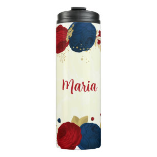 red & navy blue flowers gold leaves thermal tumbler