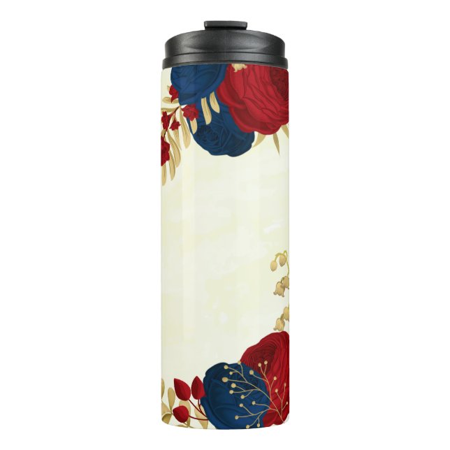 red & navy blue flowers gold leaves  thermal tumbler (Front)