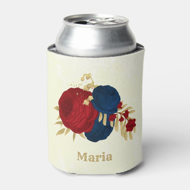red & navy blue flowers gold leaves wedding can cooler (Can Front)