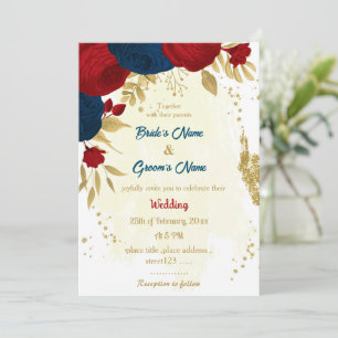 red & navy blue flowers gold leaves wedding invitation