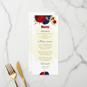 red & navy blue flowers gold leaves wedding menu