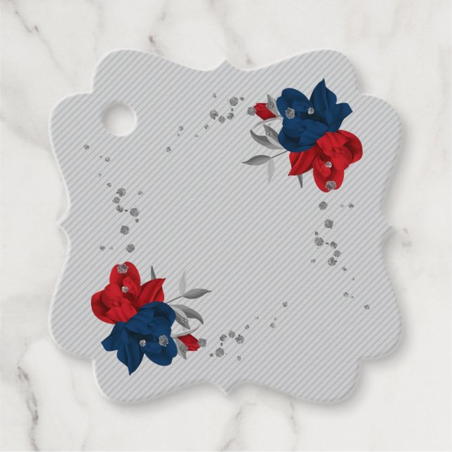 red & navy blue flowers grey favour tag (Front)