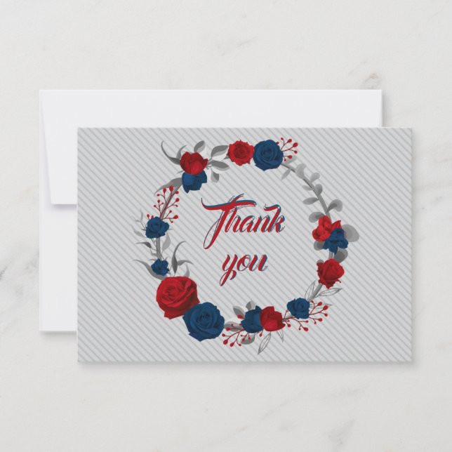 red & navy blue flowers grey leaves wreath thank you card (Front)
