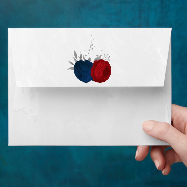 red & navy blue flowers silver botanical envelope (Hand)