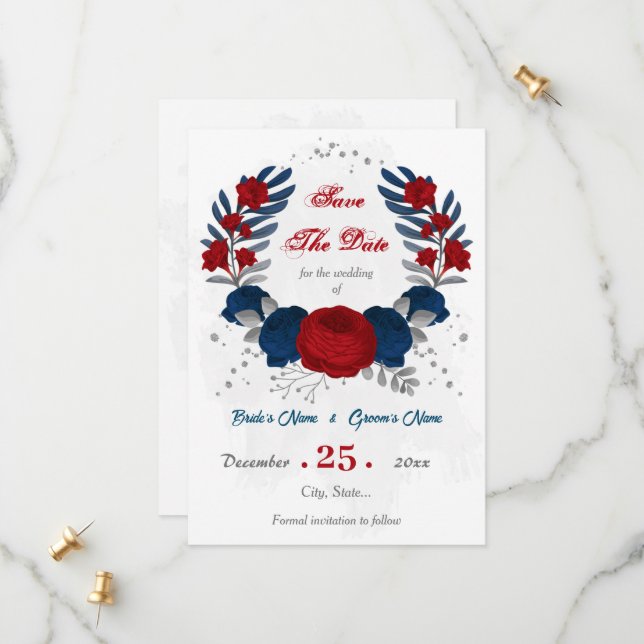 red & navy blue flowers silver botanical save the date (Front/Back In Situ)