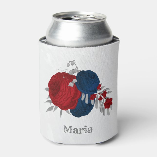 red & navy blue flowers silver botanical wedding can cooler (Can Front)