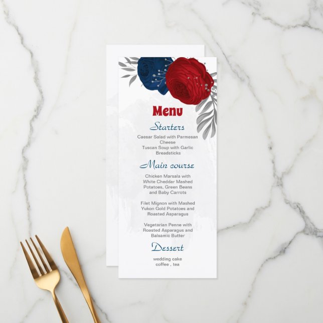 red & navy blue flowers silver botanical wedding m menu (Front/Back In Situ)