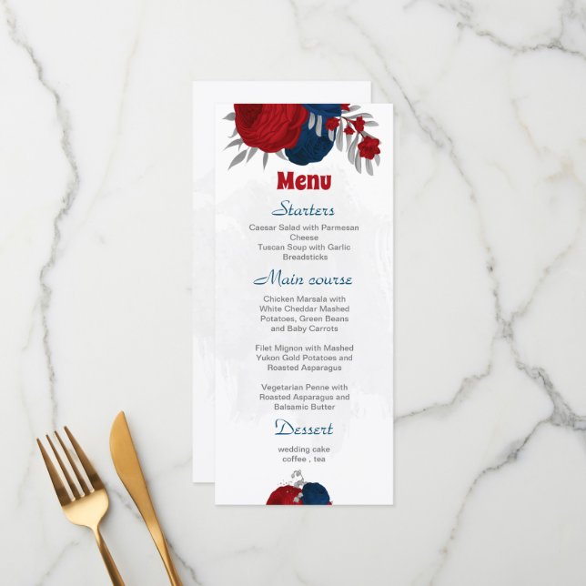 red & navy blue flowers silver botanical wedding  menu (Front/Back In Situ)