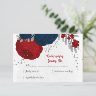 red & navy blue flowers silver botanical wedding RSVP card