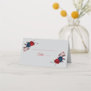 red & navy blue flowers silver leaves grey place card