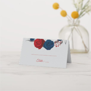 red & navy blue flowers silver leaves grey place card