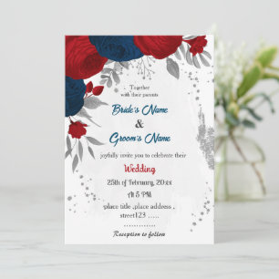 red & navy blue flowers silver leaves wedding invitation
