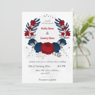 red & navy blue flowers silver leaves wedding invitation