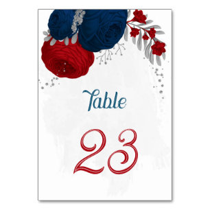 red & navy blue flowers silver leaves wedding tabl table number