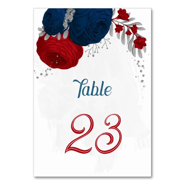 red & navy blue flowers silver leaves wedding tabl table number (Front)