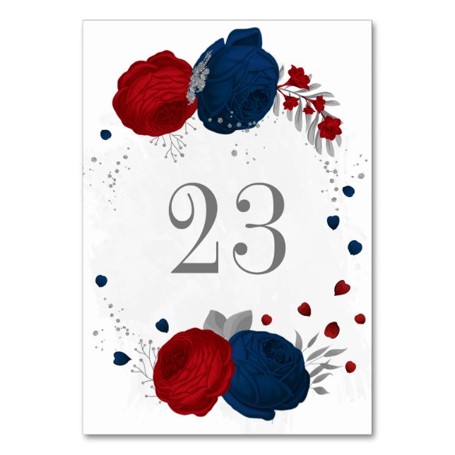 red & navy blue flowers silver leaves wedding table number (Front)