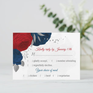 red & navy blue flowers silver meal choice RSVP card