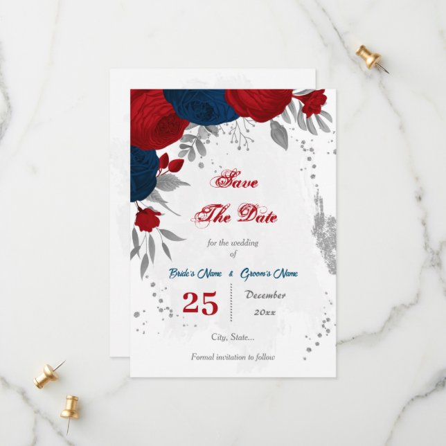 red & navy blue flowers silver  save the date (Front/Back In Situ)