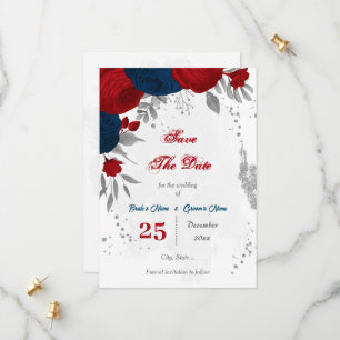 red & navy blue flowers silver save the date