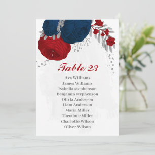 red & navy blue flowers silver seating chart card